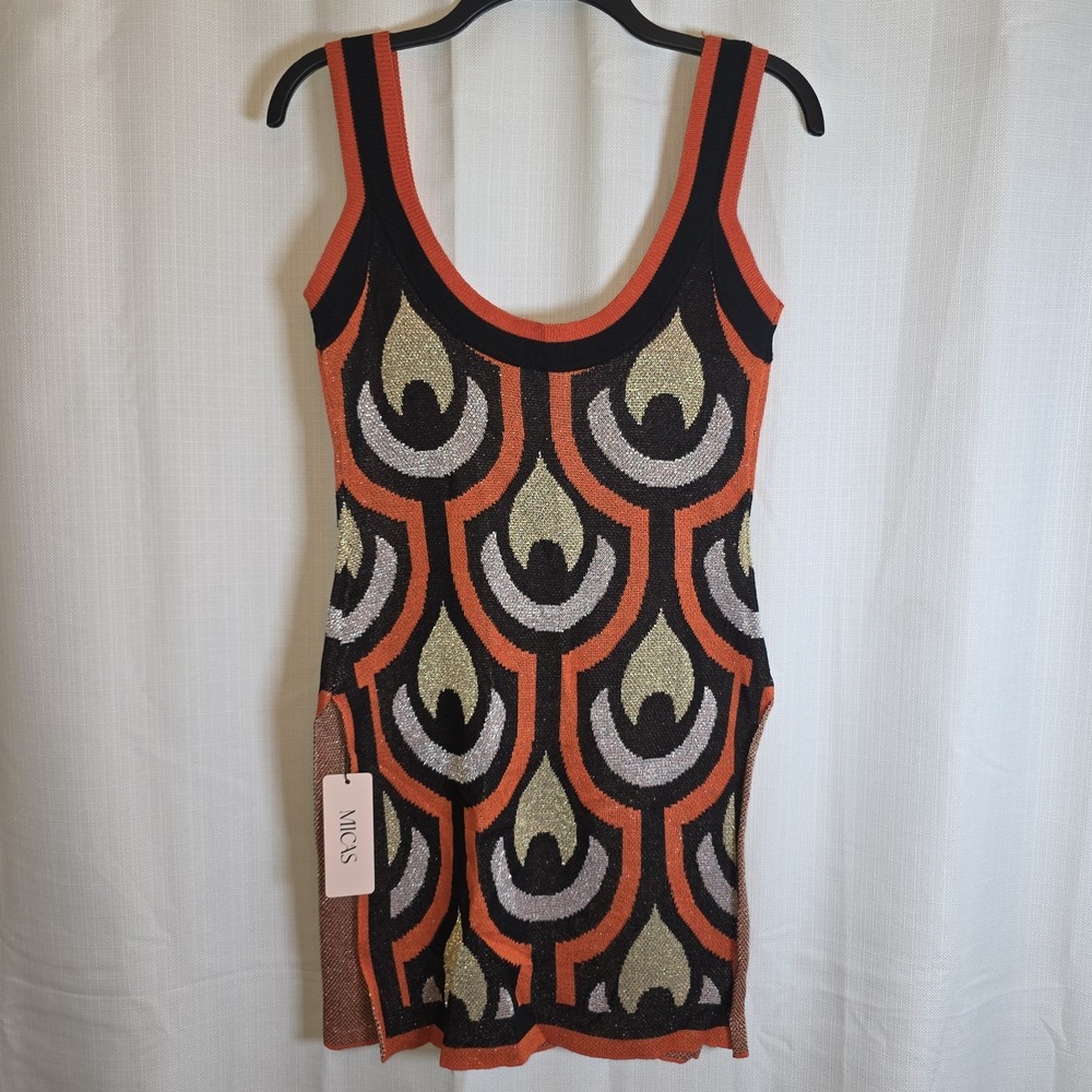 Orange Black Geometric Knit Tank Dress